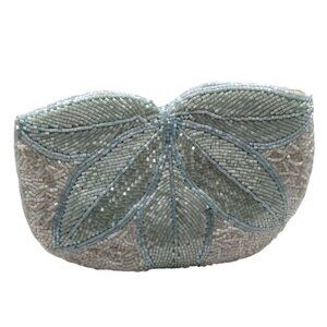 Vintage Bugle Seed Beaded Evening Clutch Purse Leaf Design Lined Snap Closure